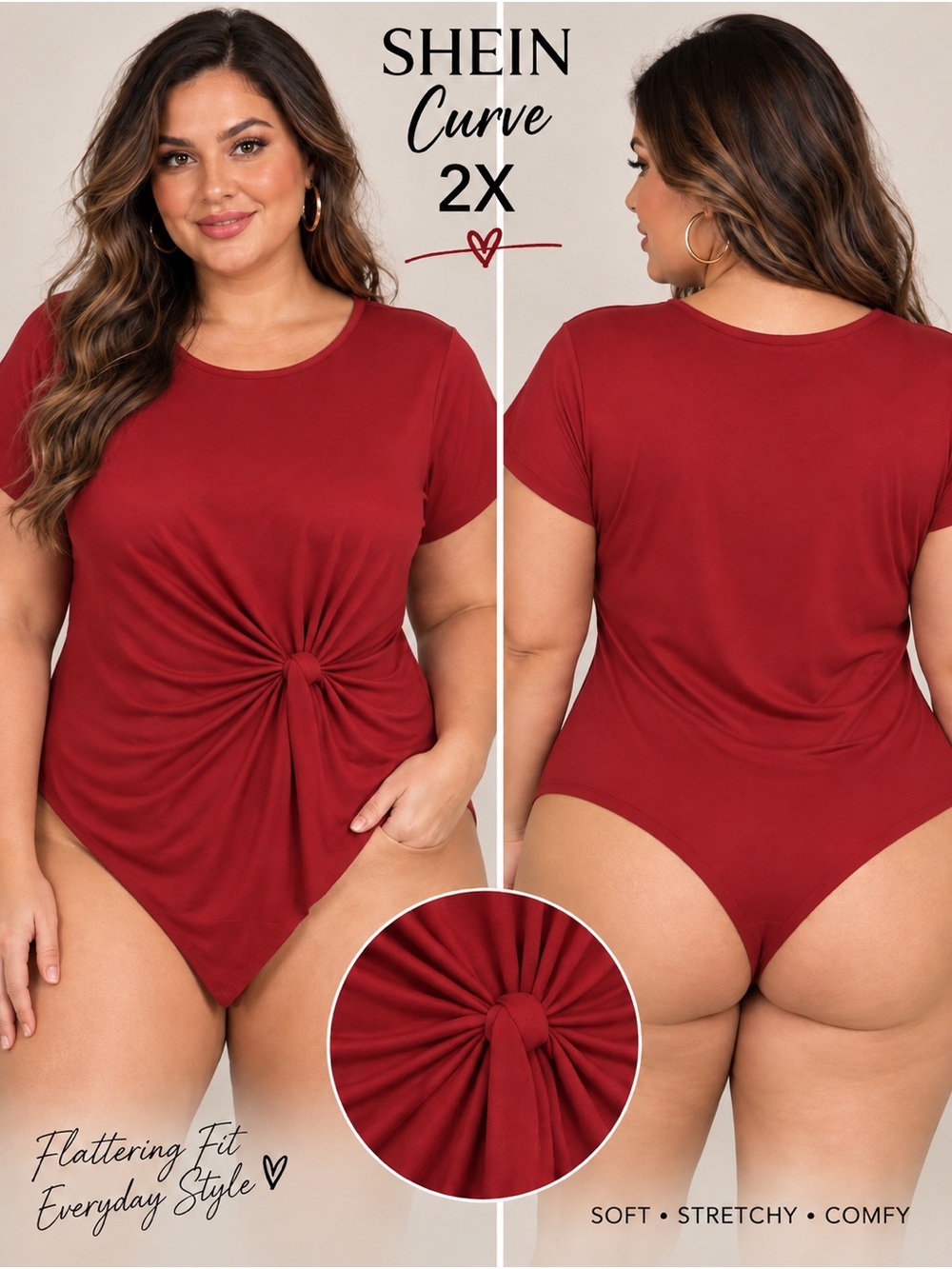SHEIN Curve 2X Burgundy Twist Front Bodysuit Plus Size